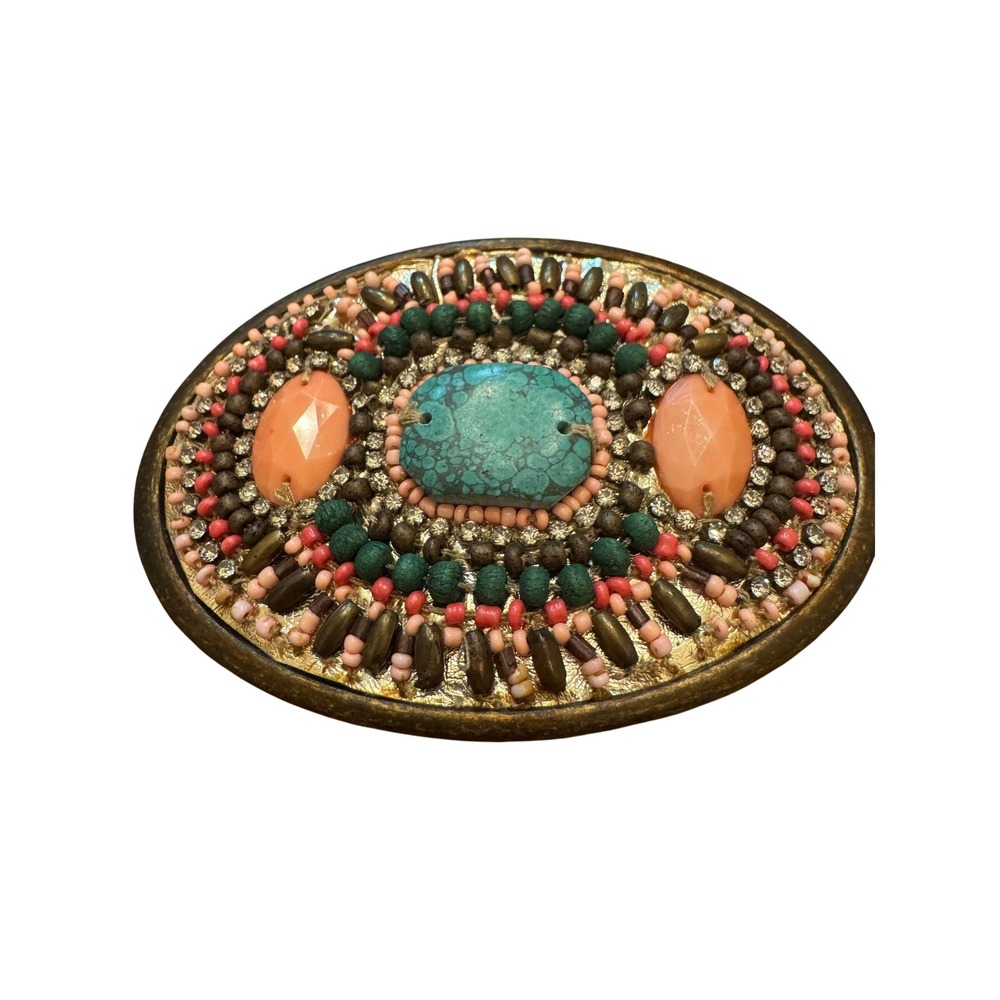 Southwestern Unbranded Belt Buckle Womens Boho Beaded Faux Turquoise Oval Bling